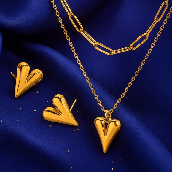 🆕️Radiant 18K Gold Plated Layered Necklace with Heart Pendant Stud Earrings Set - Picture 12 of 12